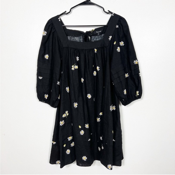 NWOT Madewell Square-Neck Pleat-Detail Black Mini Dress in Lazy Daisies XXS - Picture 5 of 11